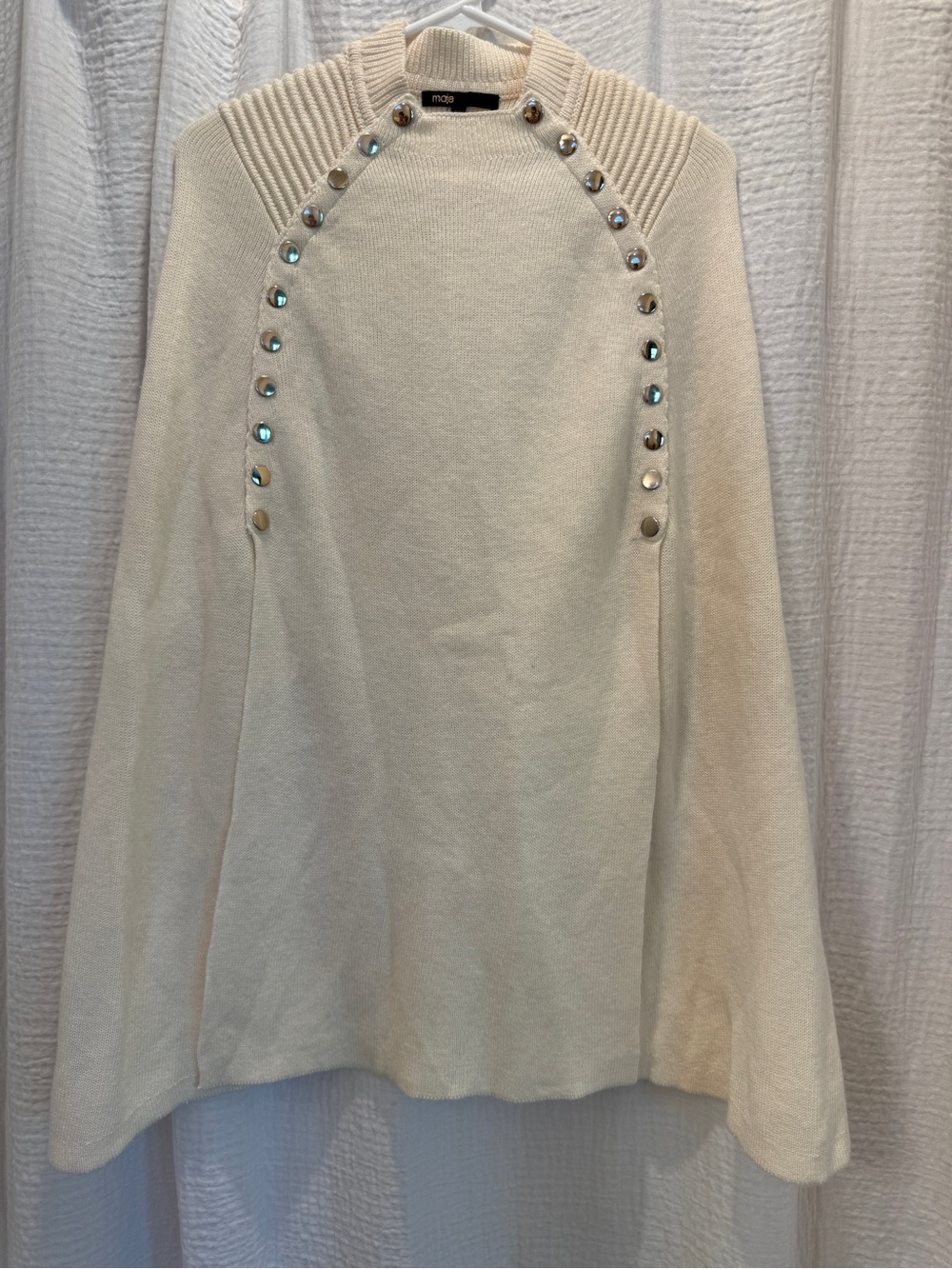 Maje "Mood" Ecru Cream Ribbed Knit Cape Poncho With Press Studs - Size 1 US S